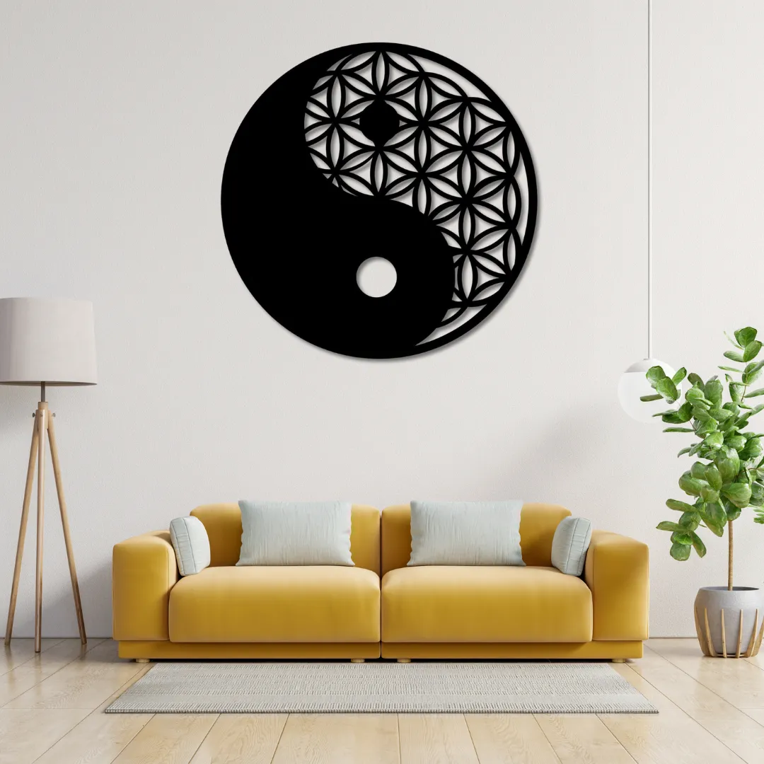 Yin-Yang Bloom Silhouette Custom Yin-Yang and Flower of Life metal wall decor.