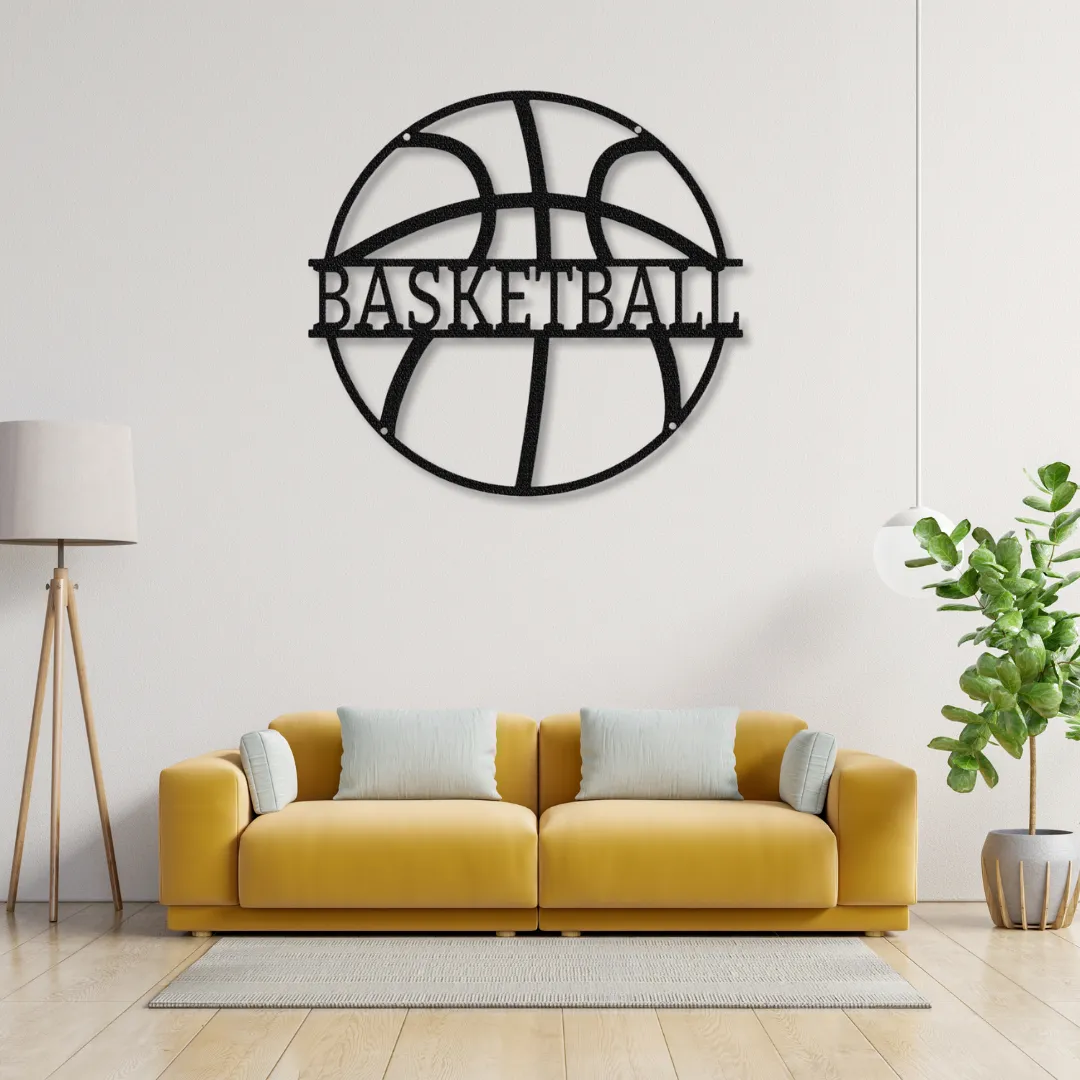 Basketball Circle Silhouette Basketball circle metal wall art with bold text design