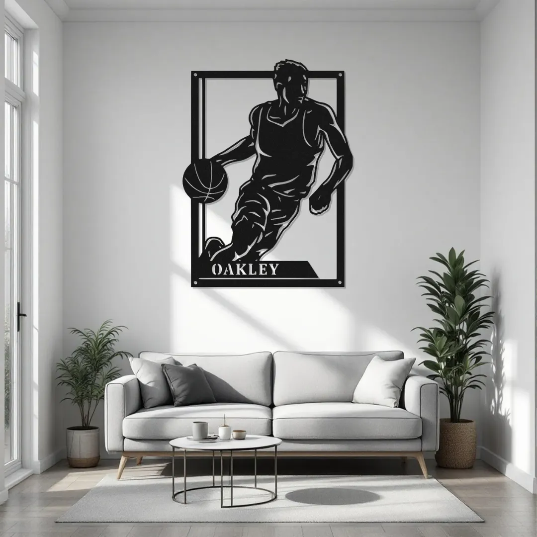 Basketball Player Dribbling Silhouette Custom basketball player dribbling metal wall art
