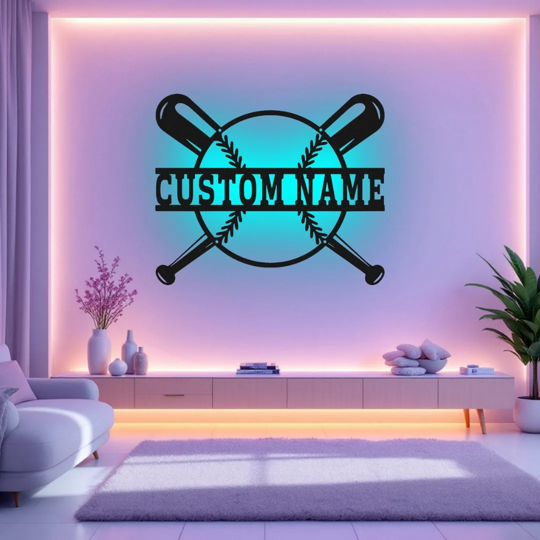 Blue Custom Baseball Silhouette Custom baseball metal wall art with crossed bats