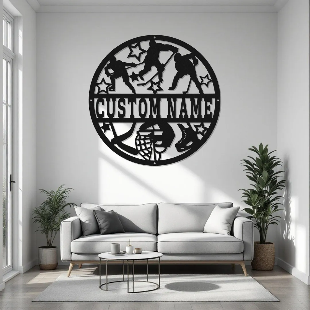 Custom Hockey Silhouette Laser cut round hockey player silhouette wall art LED and non-LED