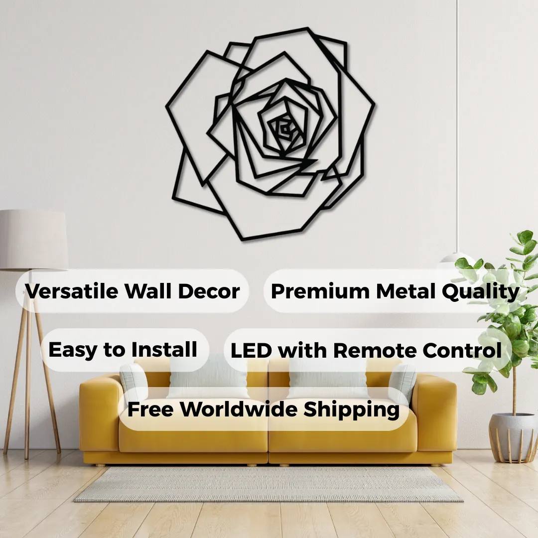 Geometric Rose Silhouettes Geometric rose metal wall art above yellow sofa.
