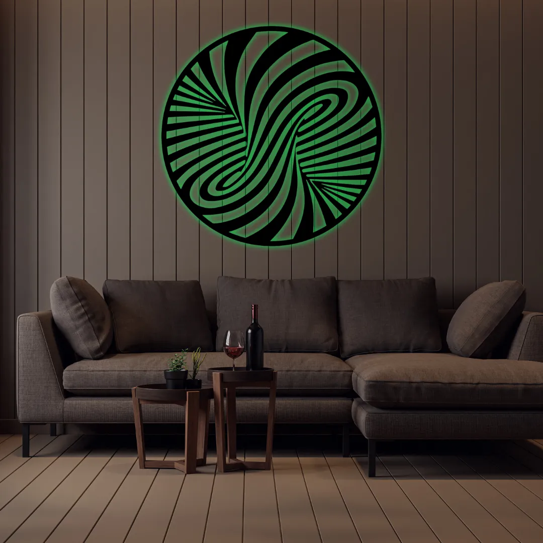 Green Abstract Spiral Silhouette Black circular swirl design wall décor in living room.