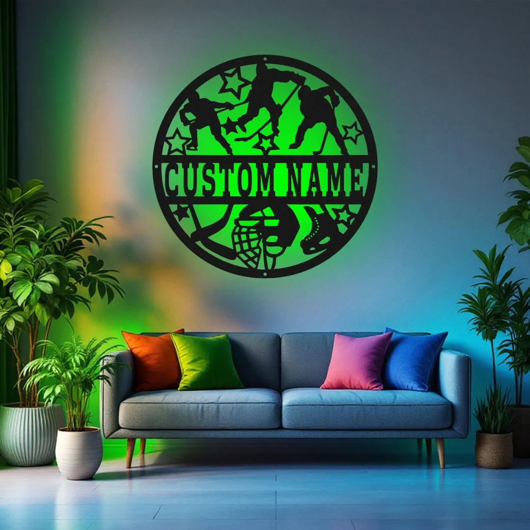 Green Custom Hockey Silhouette Personalized hockey wall décor with circular design and stars