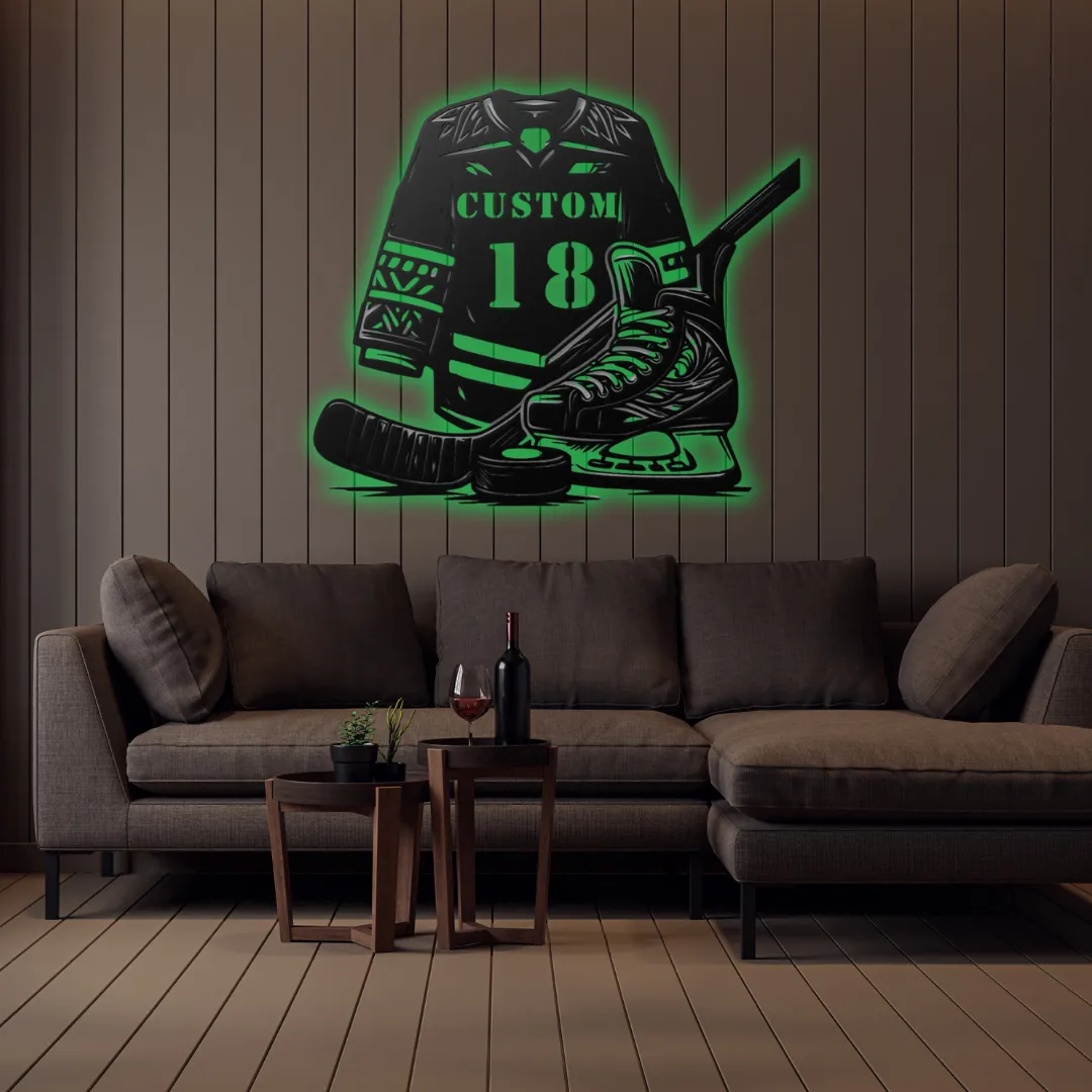 Green Hockey Gear Silhouette Personalized hockey wall décor with jersey, stick, puck, and skates