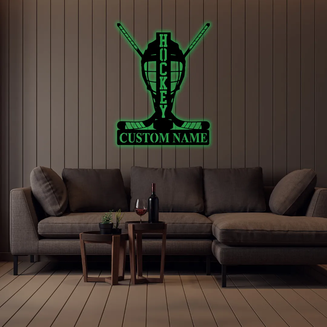 Green Hockey Goalie Mask Silhouette Custom hockey metal wall art with LED and non-LED options