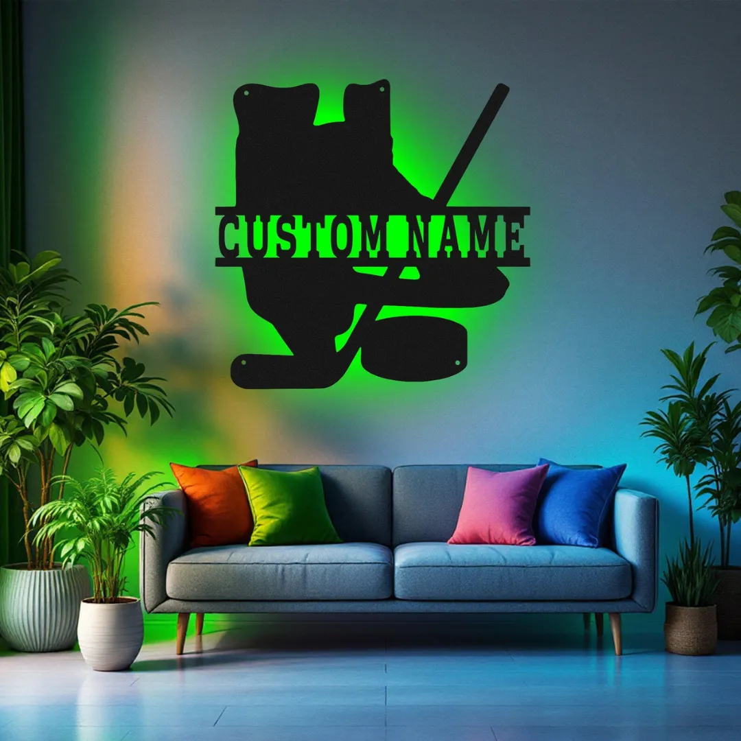 Green Hockey Skates Silhouette Personalized hockey wall décor with skates, stick, and puck