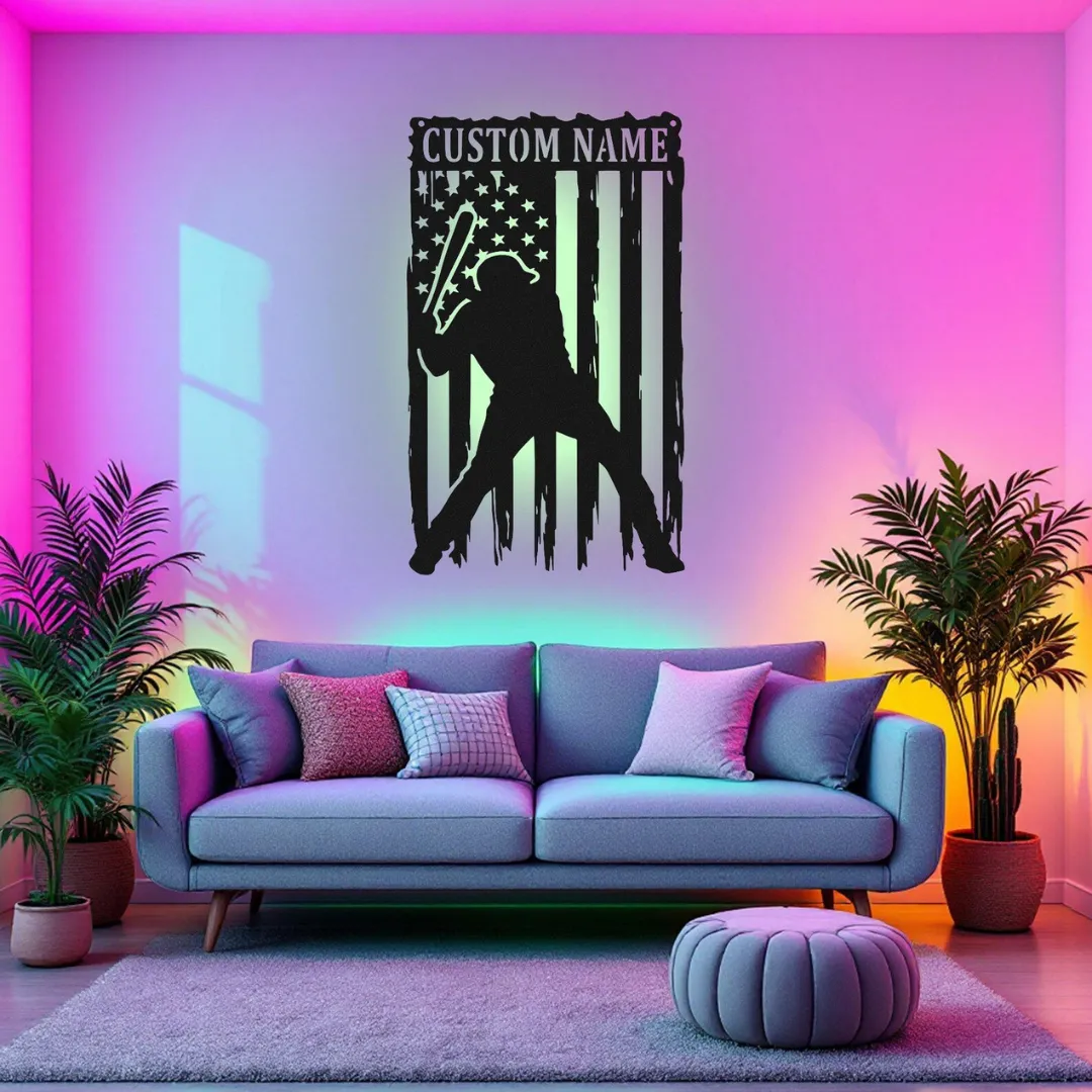 Green Patriotic Baseball Player Silhouette American flag baseball wall décor personalized with name