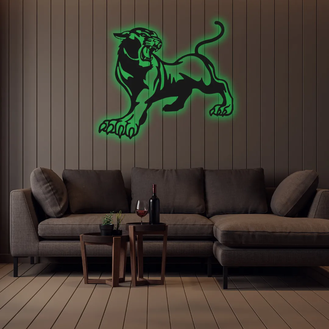 Green Savage Panther Silhouette Savage panther metal artwork for living room décor.
