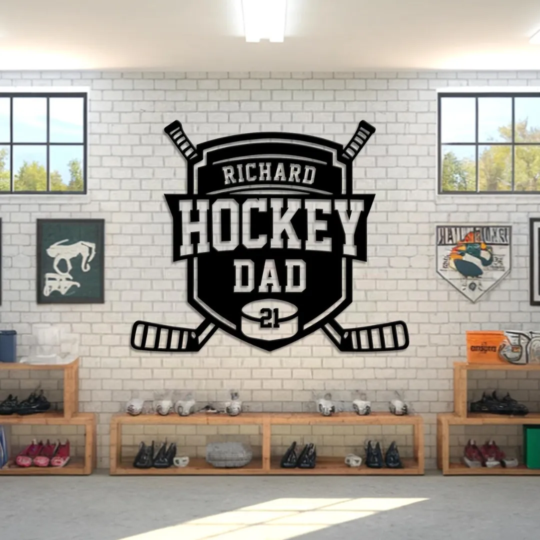 Hockey Dad Silhouette Hockey Dad metal wall art shield design with custom name and number