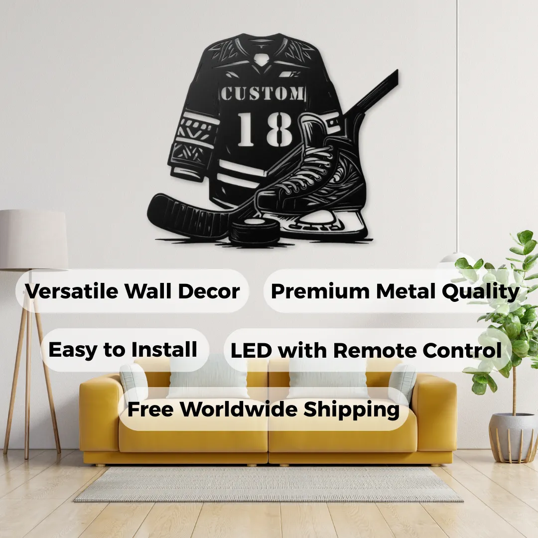 Hockey Gear Silhouettes Custom hockey jersey number wall art LED and non-LED