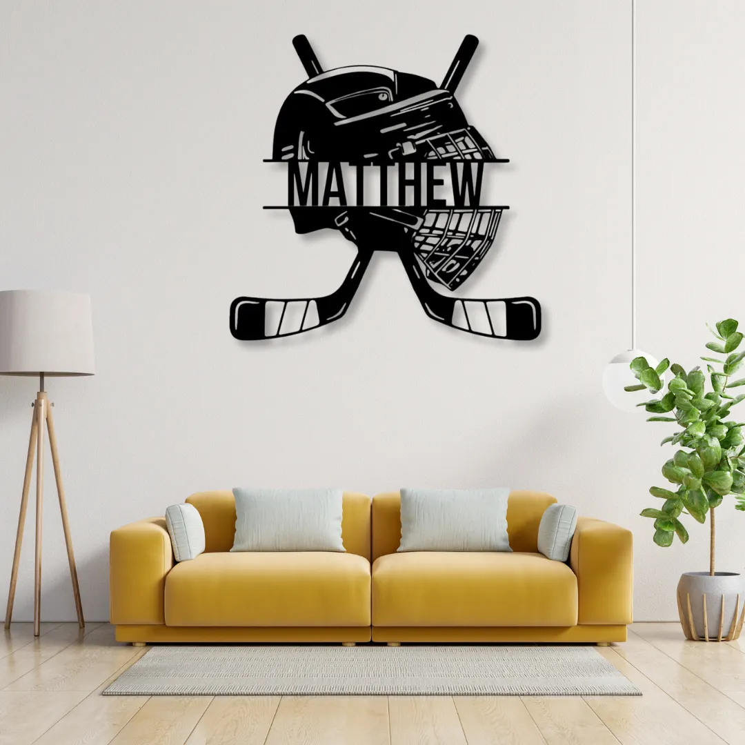 Hockey Helmet Silhouette Hockey helmet metal wall art with crossed sticks and custom name