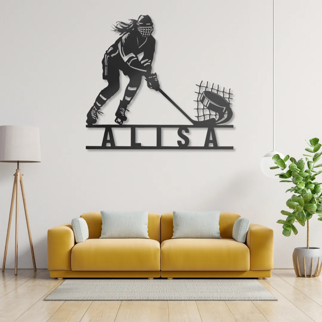Hockey Spirit Personalized Silhouette Custom hockey player metal wall art with personalized name