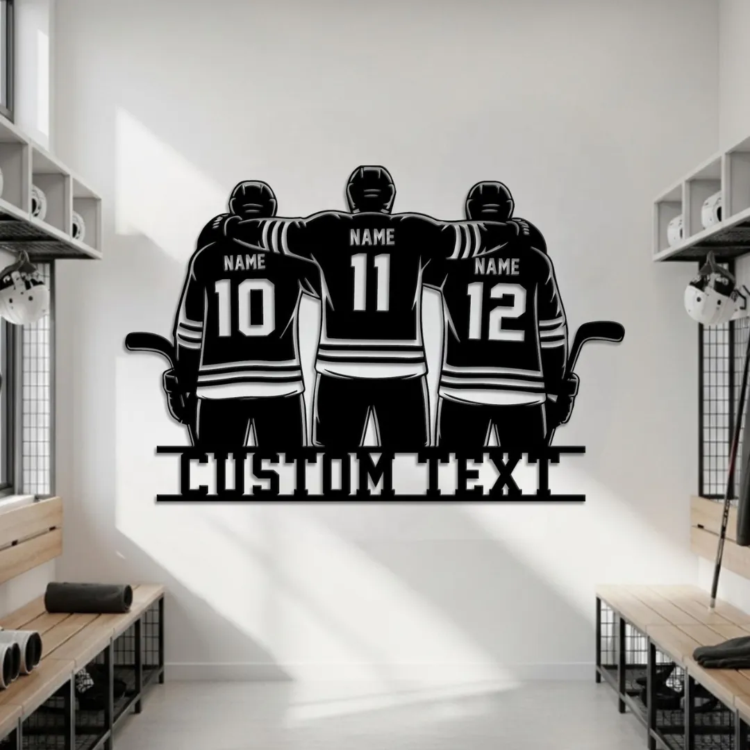 Hockey Trio Silhouette Hockey trio metal wall art with custom jerseys and text