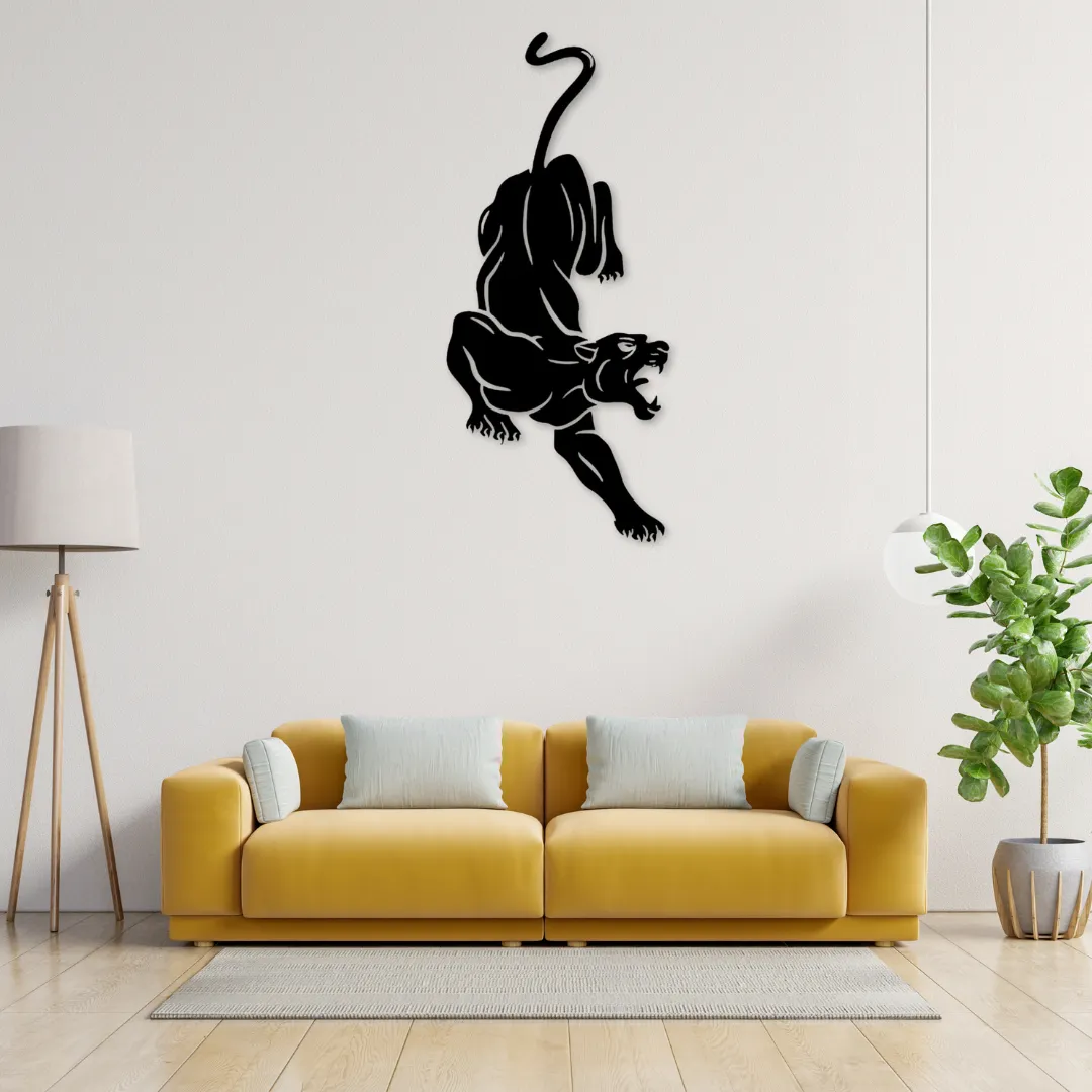 Leaping Panther Silhouette Leaping Panther metal wall art in black square frame above yellow sofa – modern wall décor