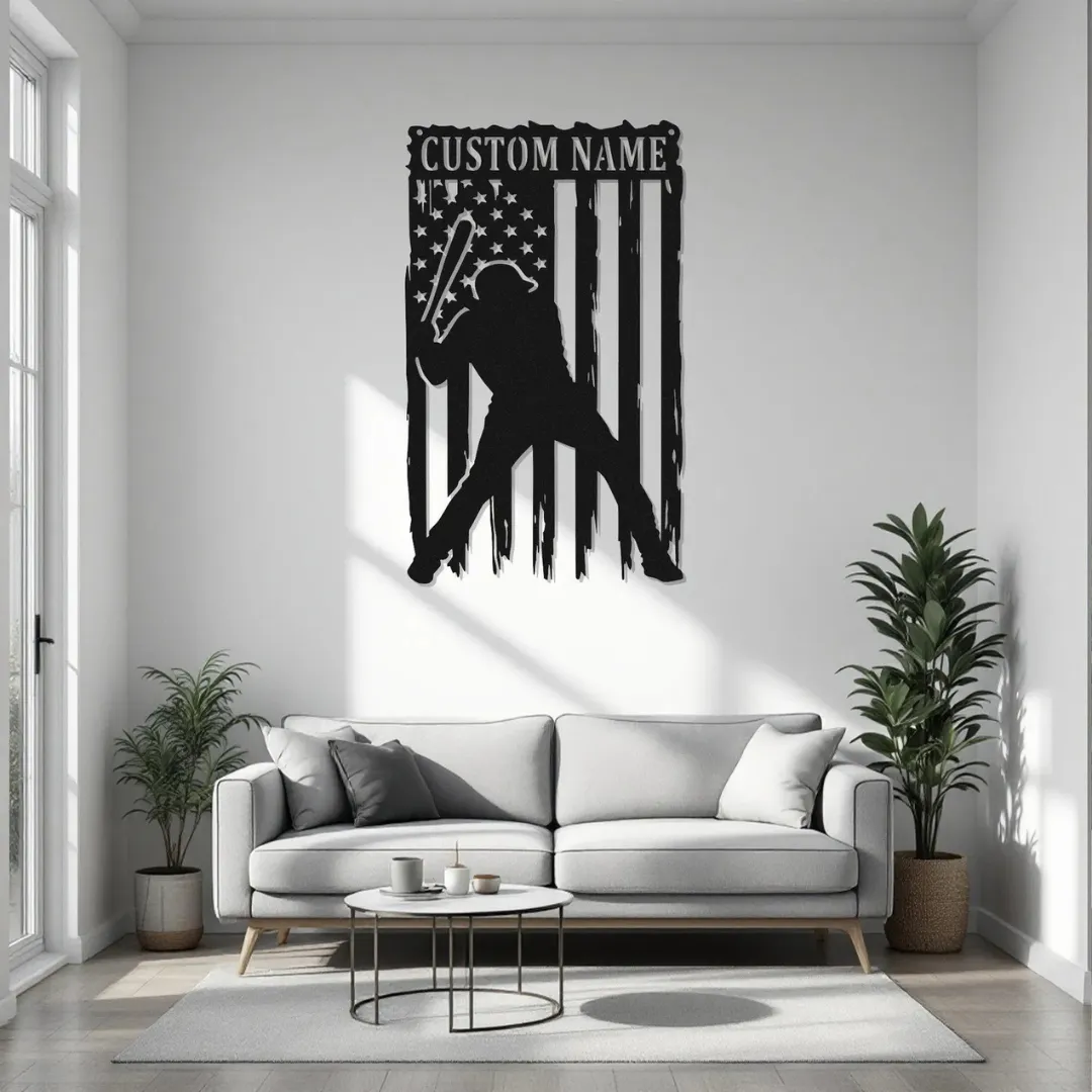 Patriotic Baseball Player Silhouette Custom patriotic baseball player metal wall art with U.S. flag