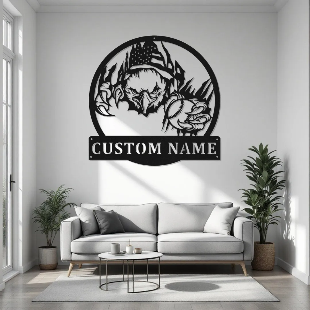 Patriotic Eagle Baseball Silhouette Custom patriotic eagle baseball metal wall art with U.S. flag