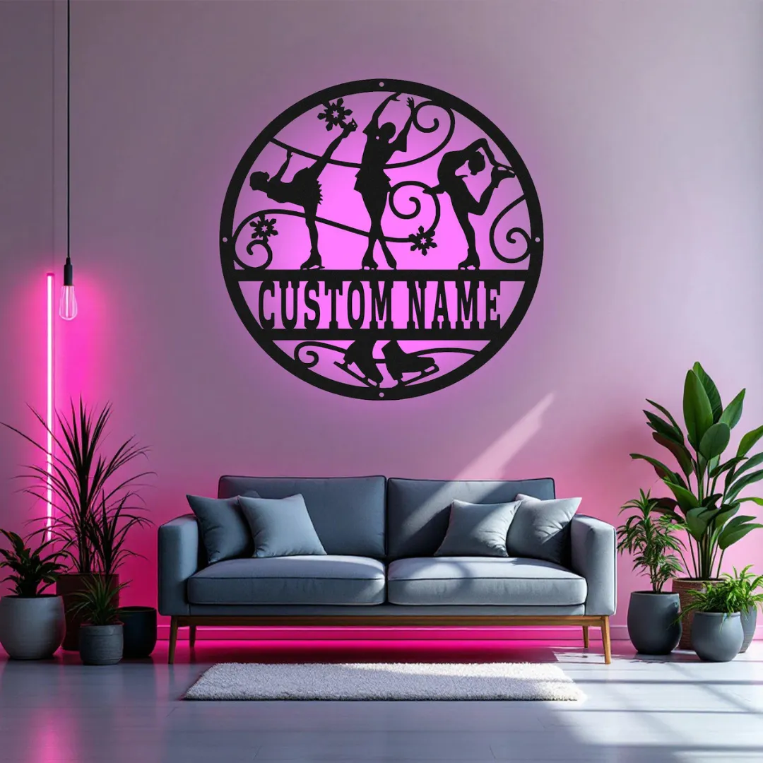 Pink Figure Skating Silhouette Custom name figure skating metal wall hanging with artistic design