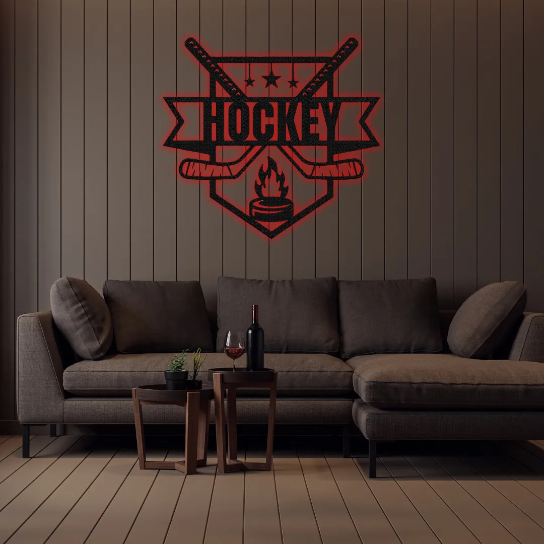 Red Hockey Crest Silhouette Sports-inspired hockey metal wall art LED and non-LED
