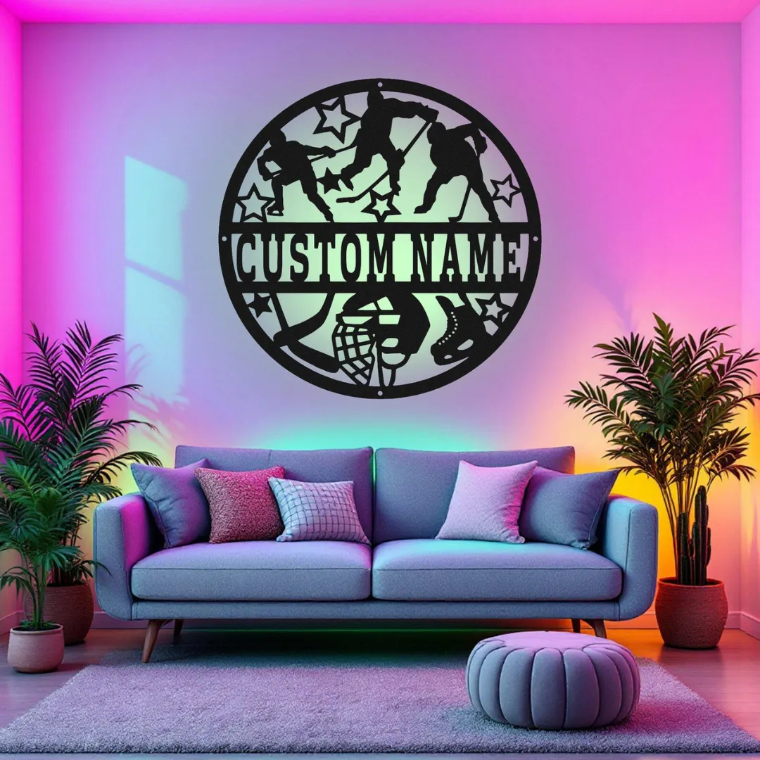 White Custom Hockey Silhouette Custom hockey gear and player wall hanging in round shape