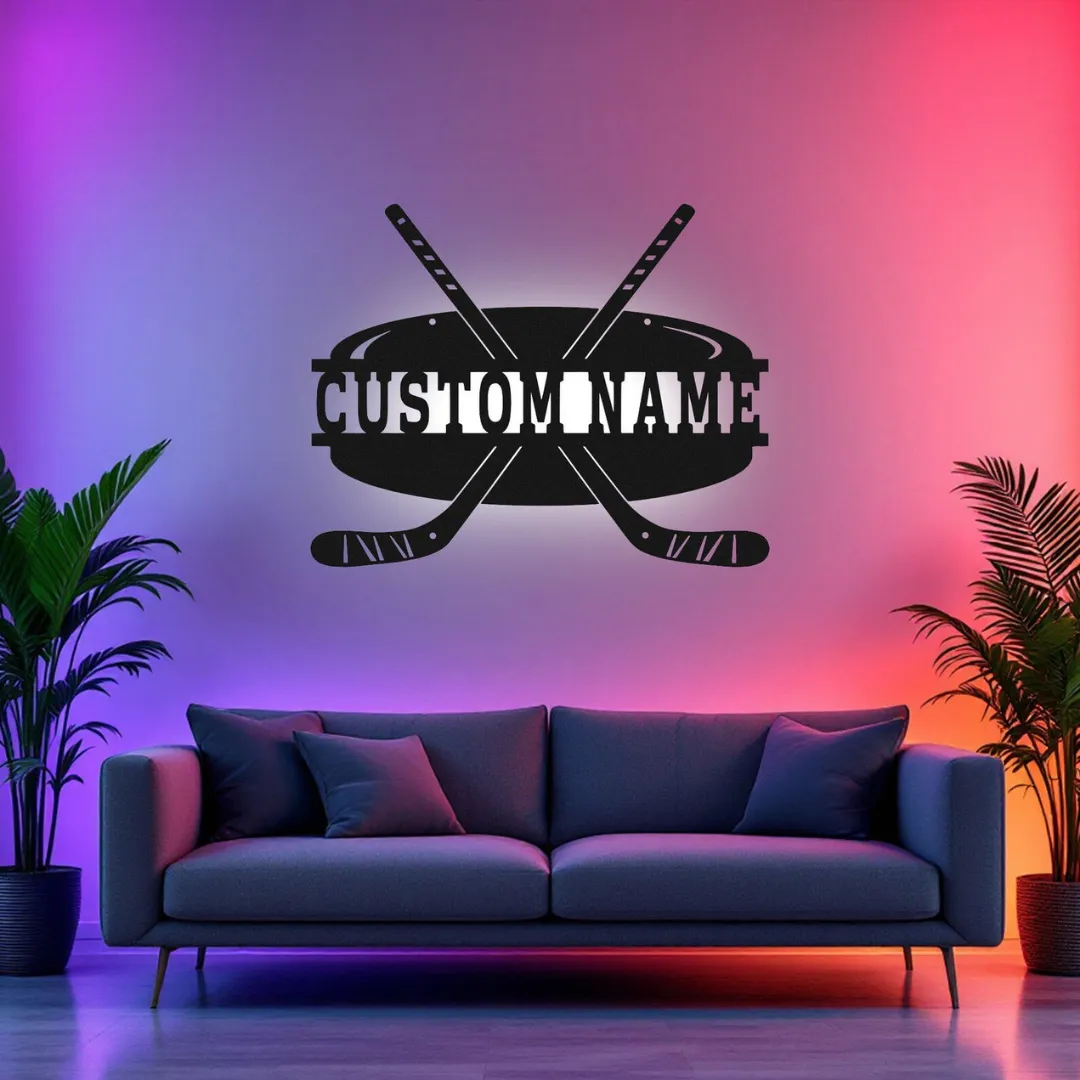White Hockey Puck Silhouette Custom hockey puck wall hanging with name plate