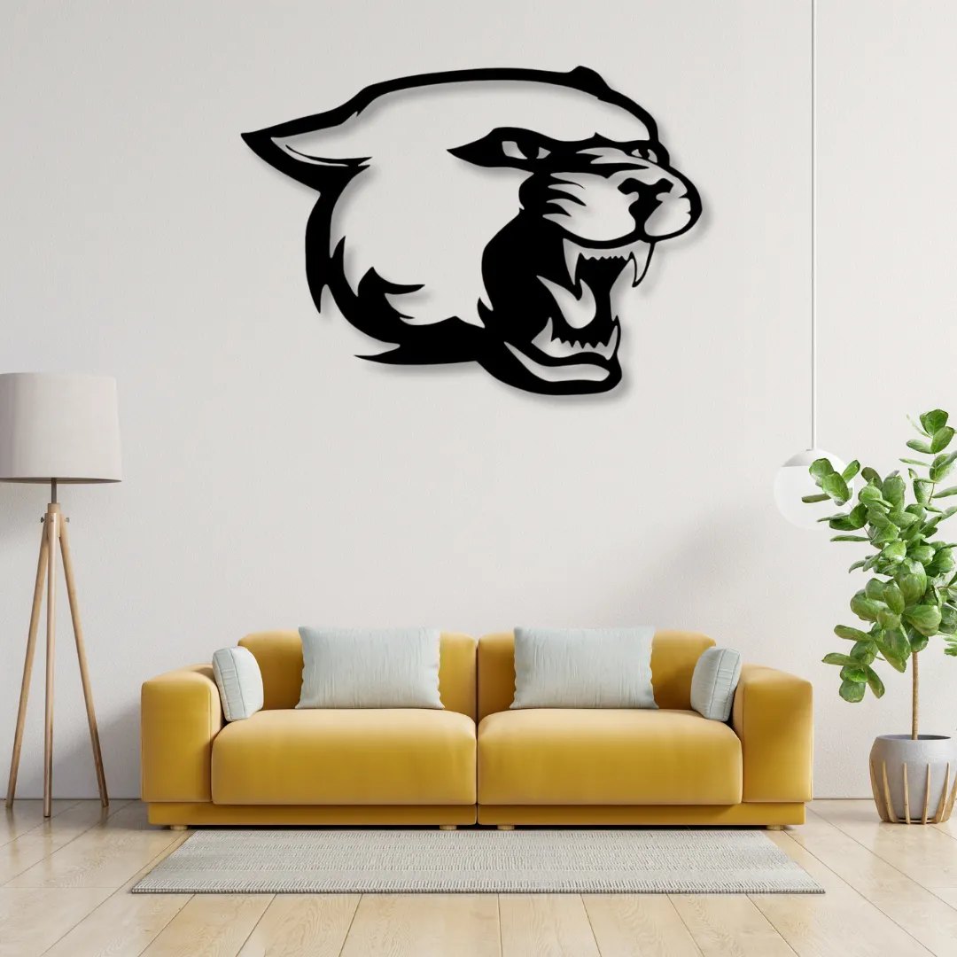 Wild Roar Silhouette Panther head metal wall art above yellow sofa in living room.