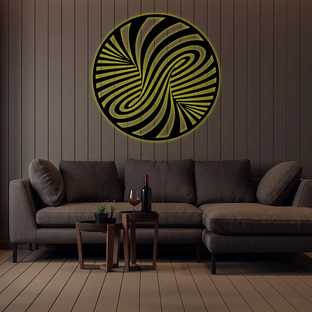 Yellow Abstract Spiral Silhouette Modern geometric swirl metal wall hanging for interiors.