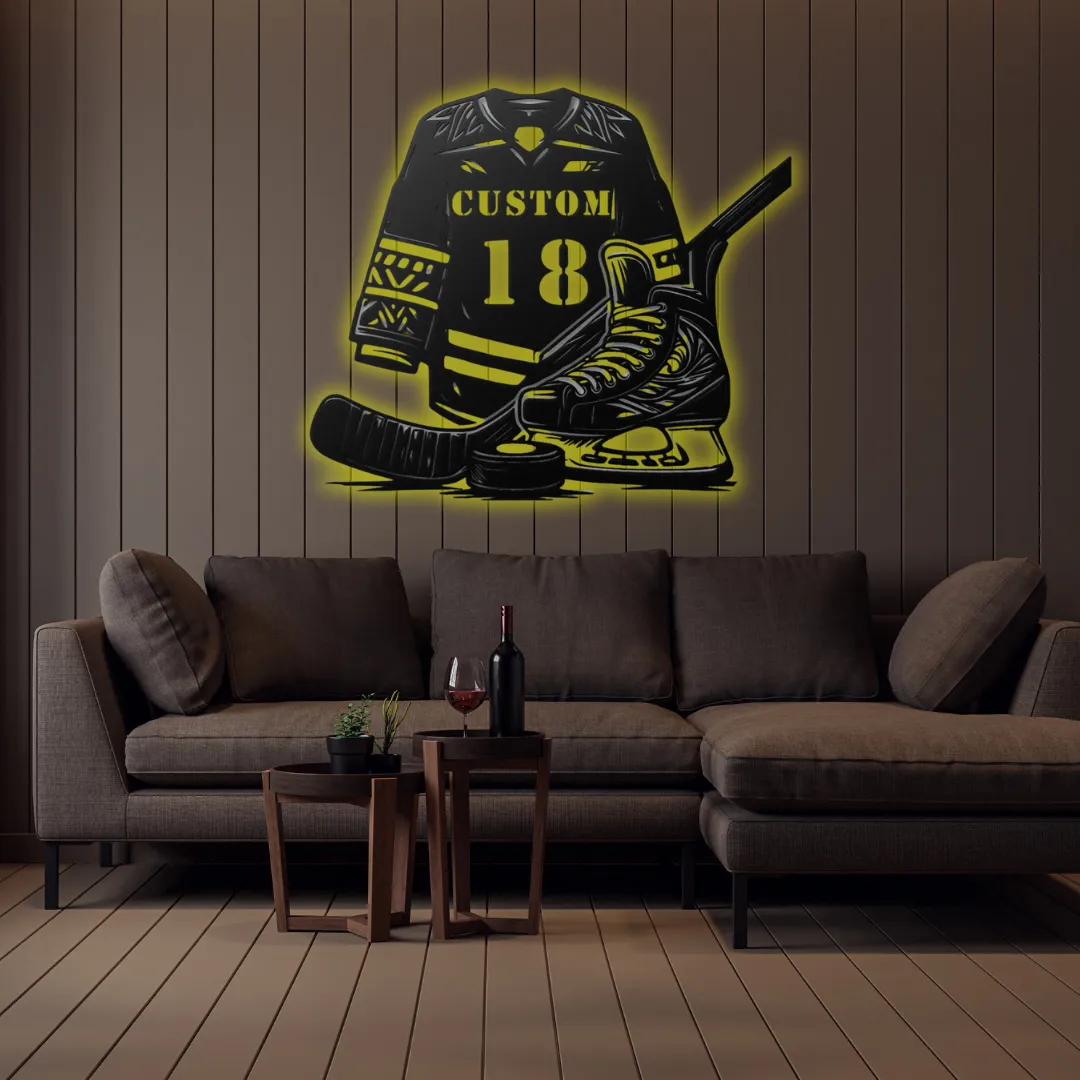 Yellow Hockey Gear Silhouette Yellow Laser cut hockey gear silhouette metal wall hanging