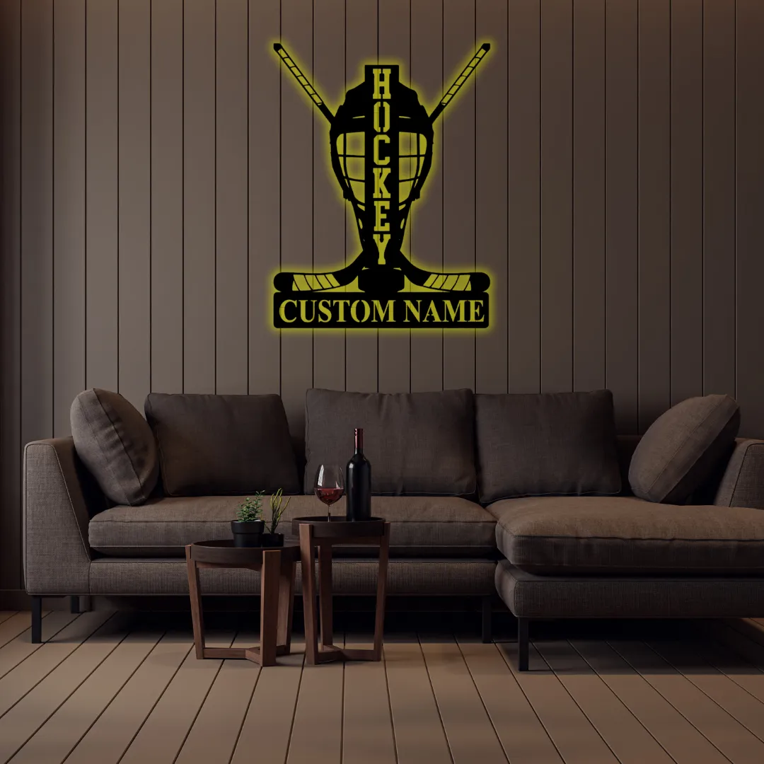 Yellow Hockey Goalie Mask Silhouette Yellow Laser cut hockey goalie mask wall hanging with name plate