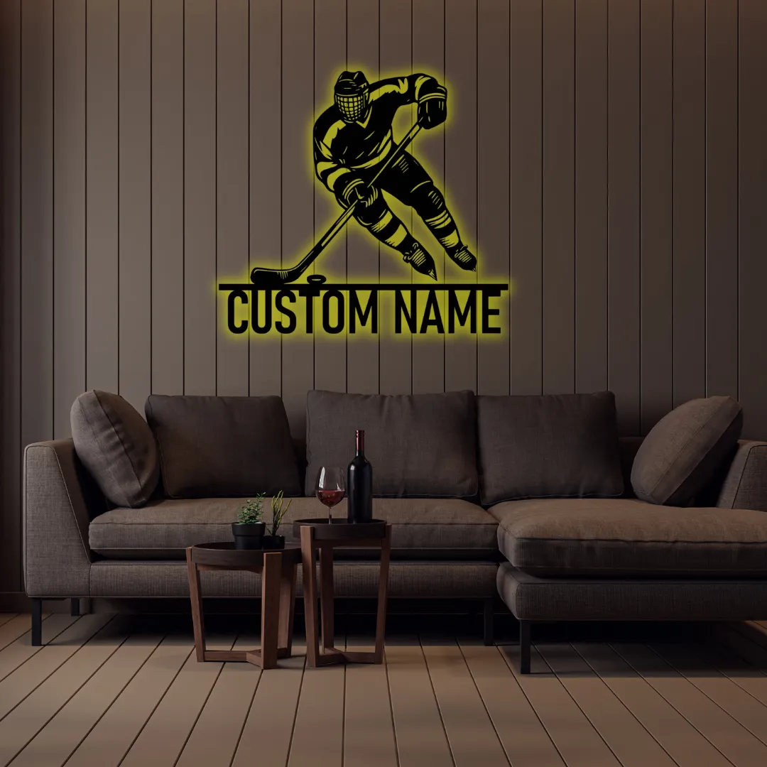 Yellow Hockey Player Custom Silhouette Laser cut hockey player silhouette metal wall hanging