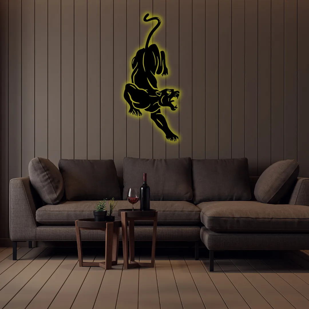 Yellow Leaping Panther Silhouette Yellow Leaping Panther metal wall art in black square frame above yellow sofa – modern wall décor
