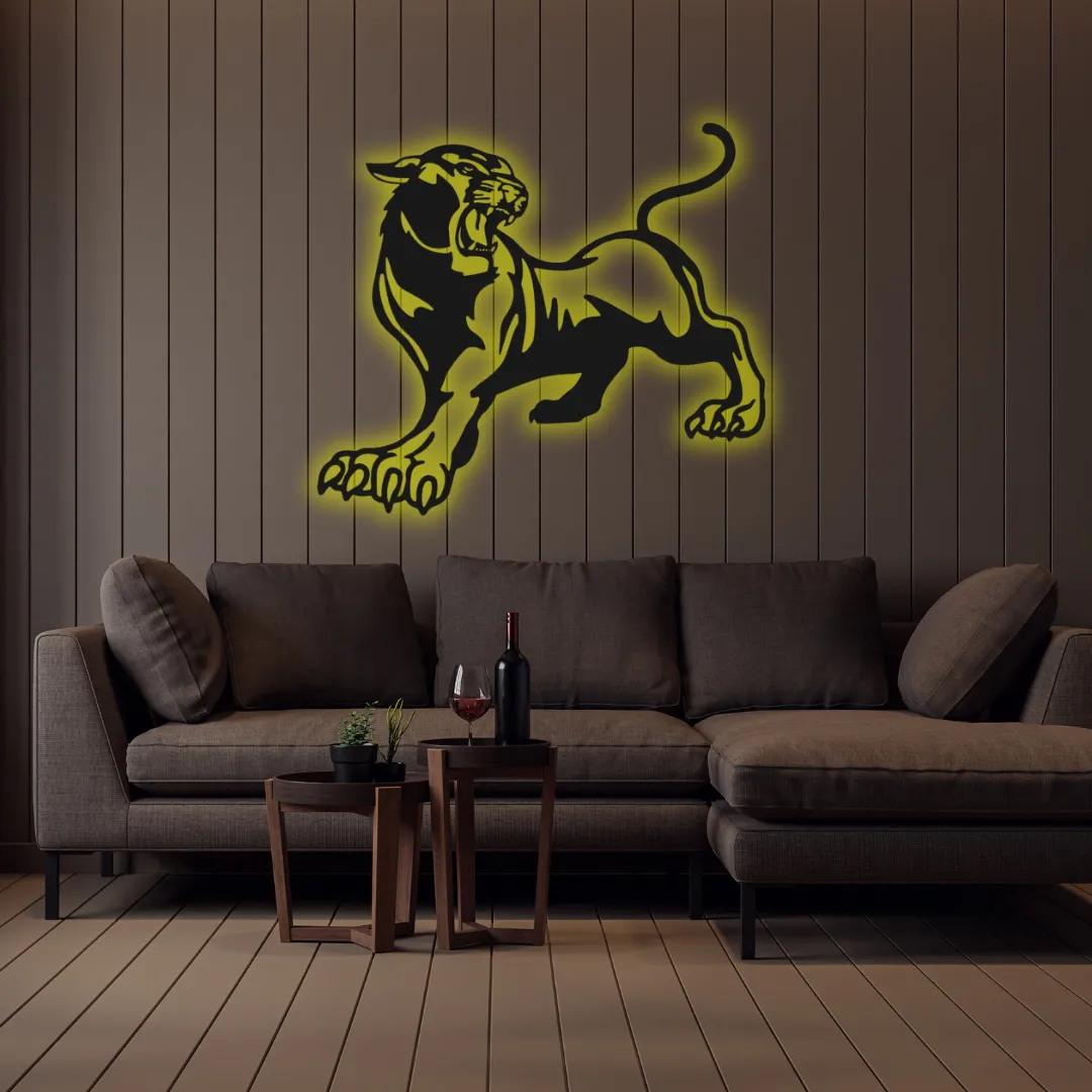 Yellow Savage Panther Silhouette Yellow Bold panther metal wall hanging for stylish spaces.