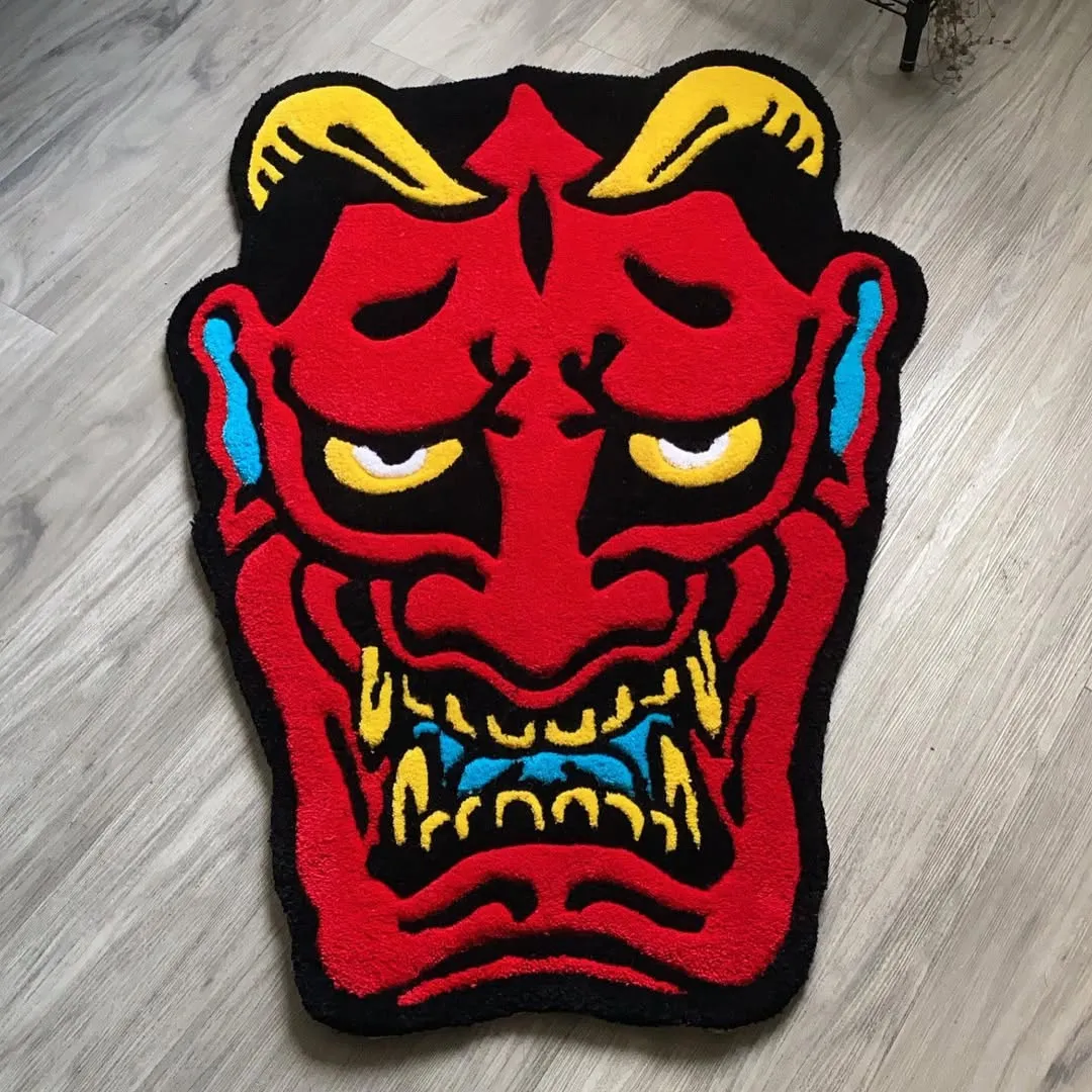 Emberheart Ink Rug Bold Emberheart Ink Rug with fiery red Oni mask design and detailed yellow teeth – hand-tufted wool rug