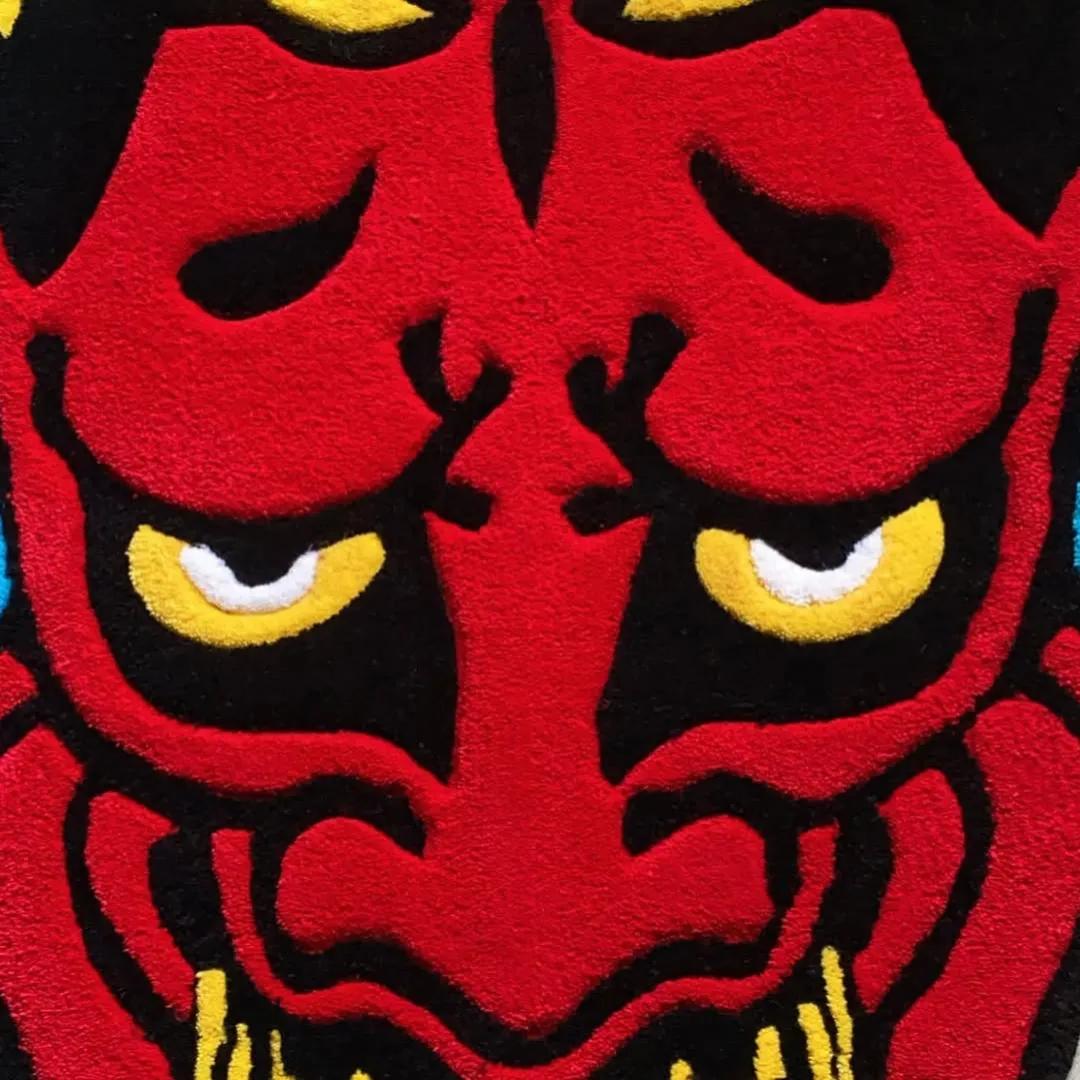 Emberheart Inked Rug Handmade Emberheart Ink Rug inspired by Japanese mask art in vibrant red, yellow, and black tones