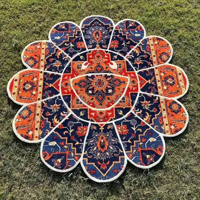 Bloom Takashi Rug Regal Bloom Rug – Hand-tufted floral-shaped wool rug featuring navy blue and royal red Persian motifs, crafted with precision for luxury interiors.