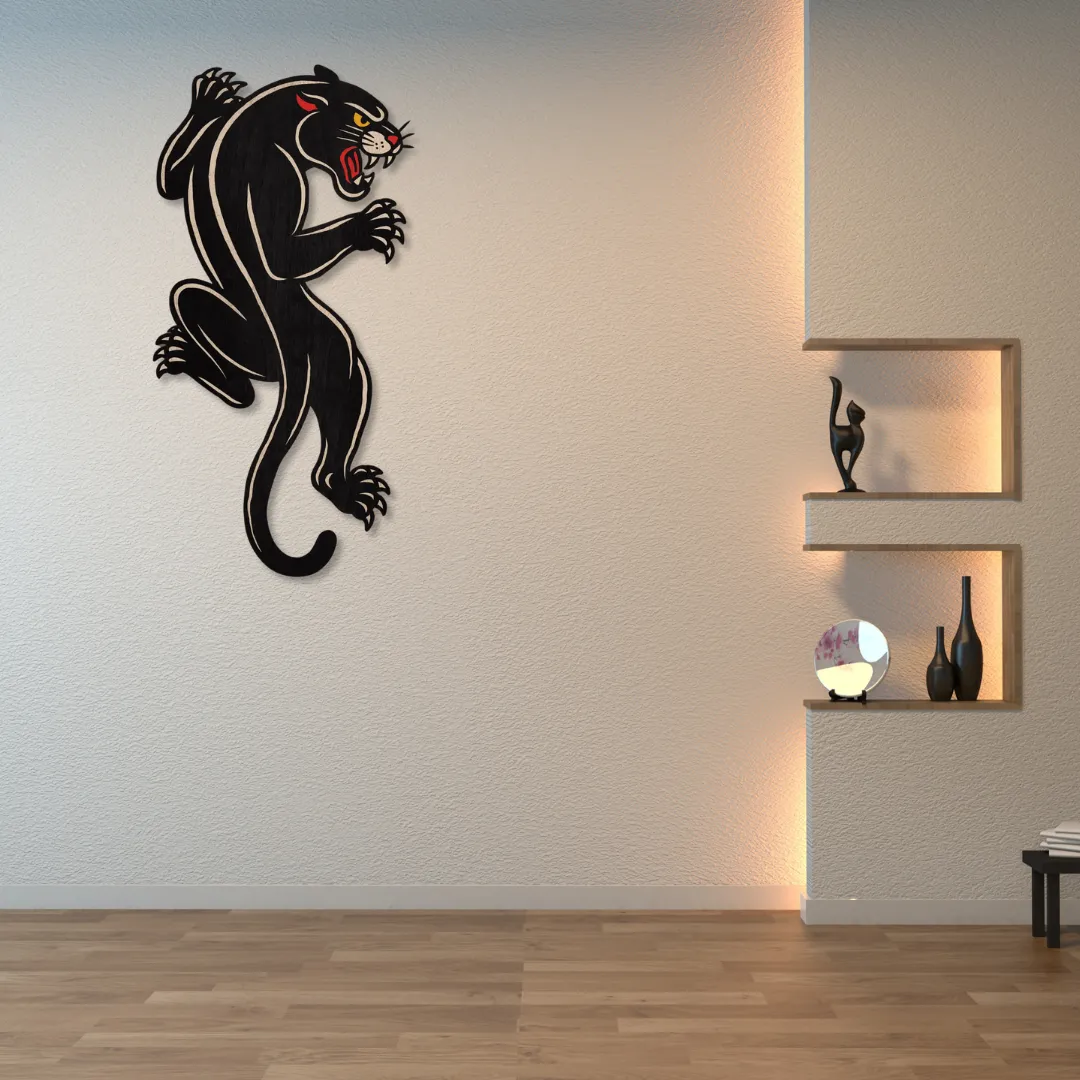 Crawling Panther Metal Wall Art Black panther climbing wall art design – fierce handmade metal wall decor adding dynamic style to living room walls.