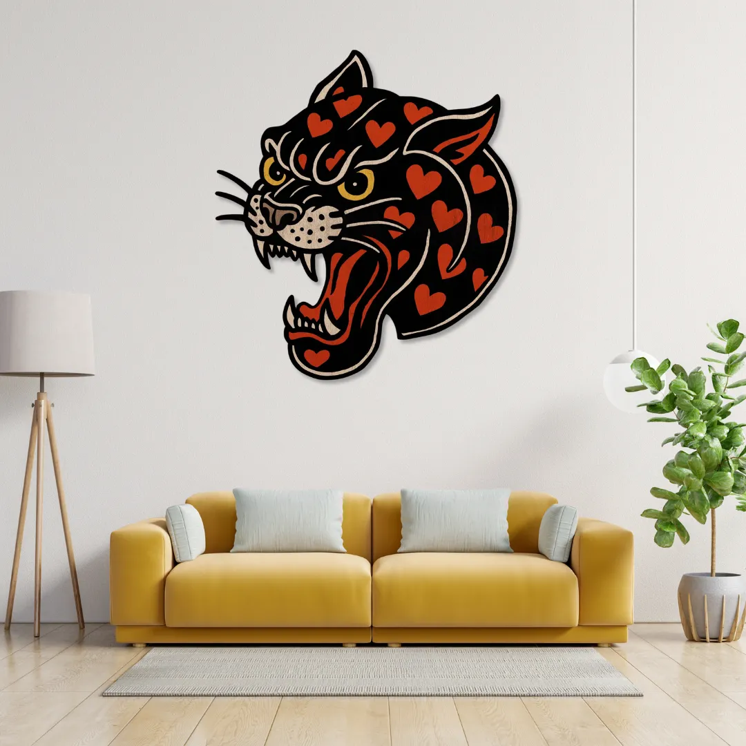 Heart Panther Wall Art Heart Panther Wall Art above mustard sofa – fierce handcrafted metal wall decor with red heart details by Sneagear.