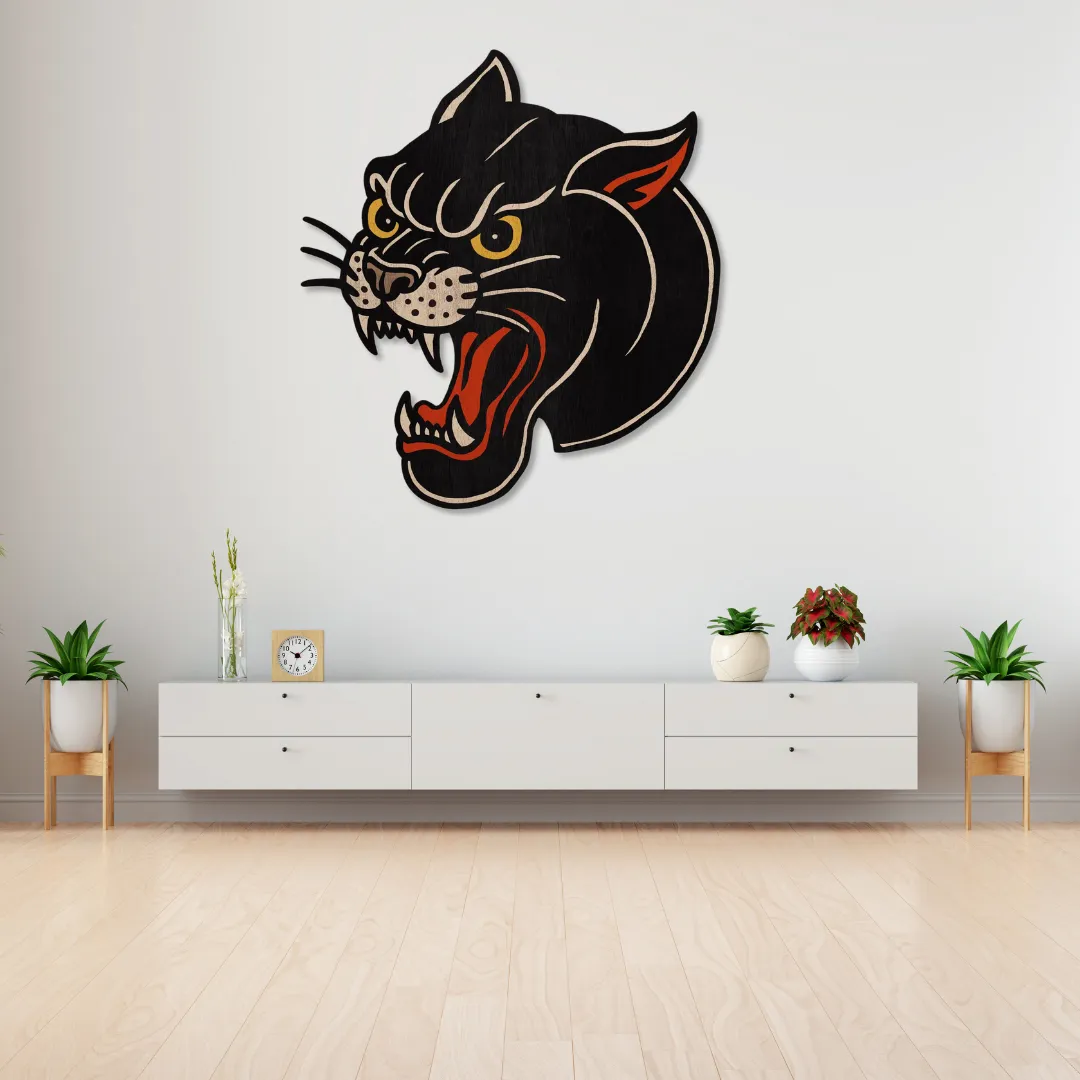 Hoaring Panther Art Wild panther face wall art with detailed expression – handcrafted statement metal artwork by Sneagear.
