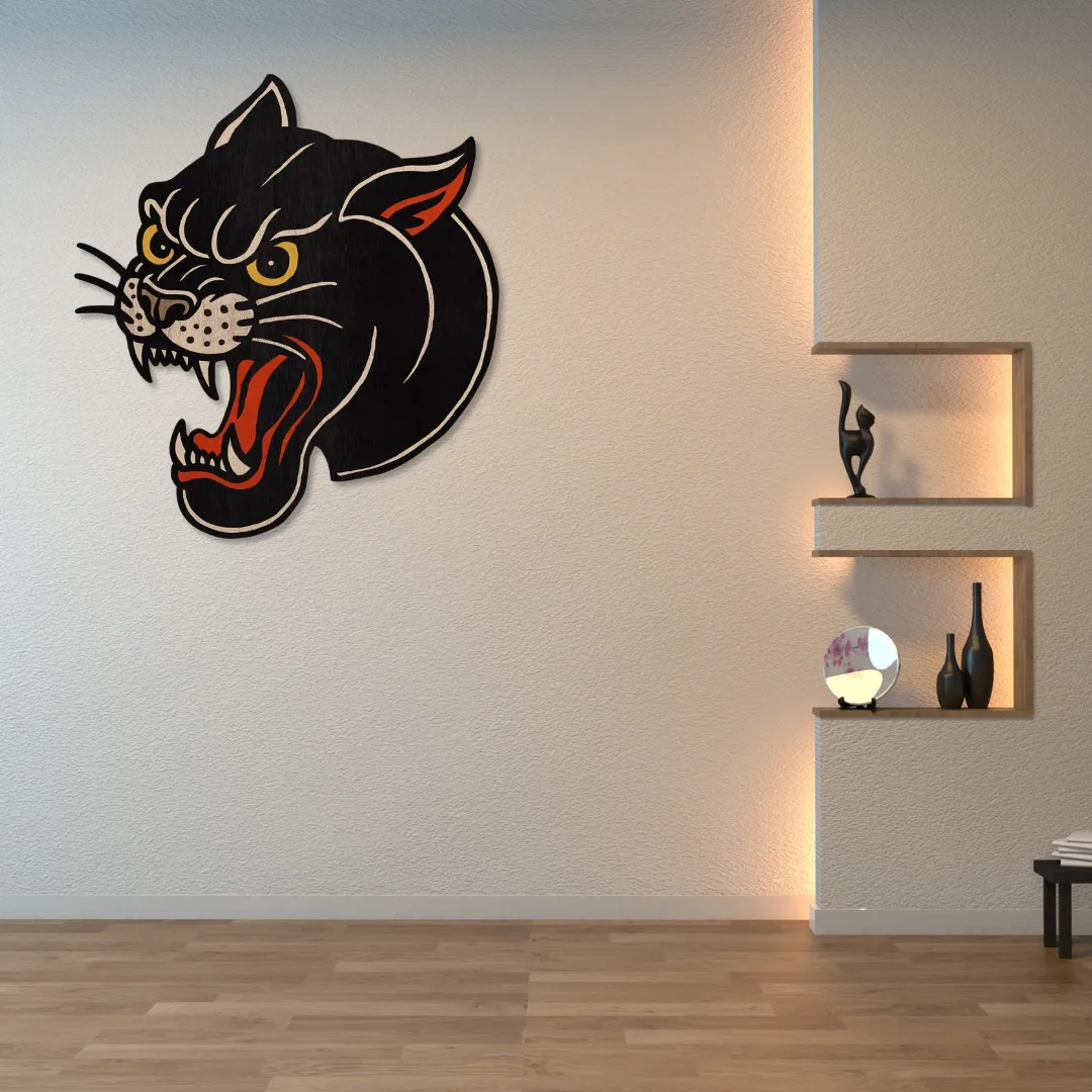Hoaring Panther Metal Wall Art Black panther head metal wall art design – bold handmade wall decor for modern living room interiors.