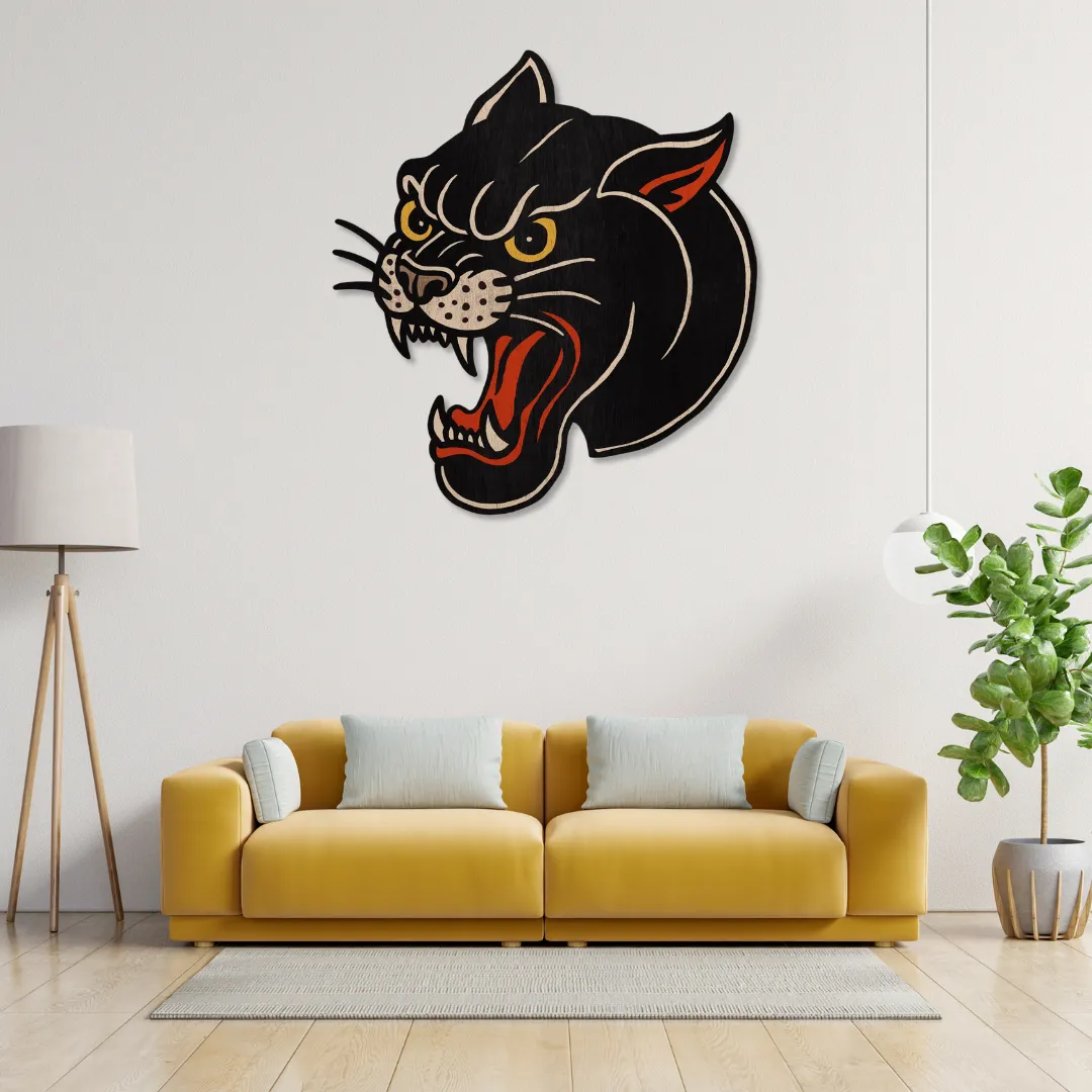 Hoaring Panther Wall Art Roaring Panther Wall Art above mustard sofa – fierce handcrafted metal wall decor by Sneagear.