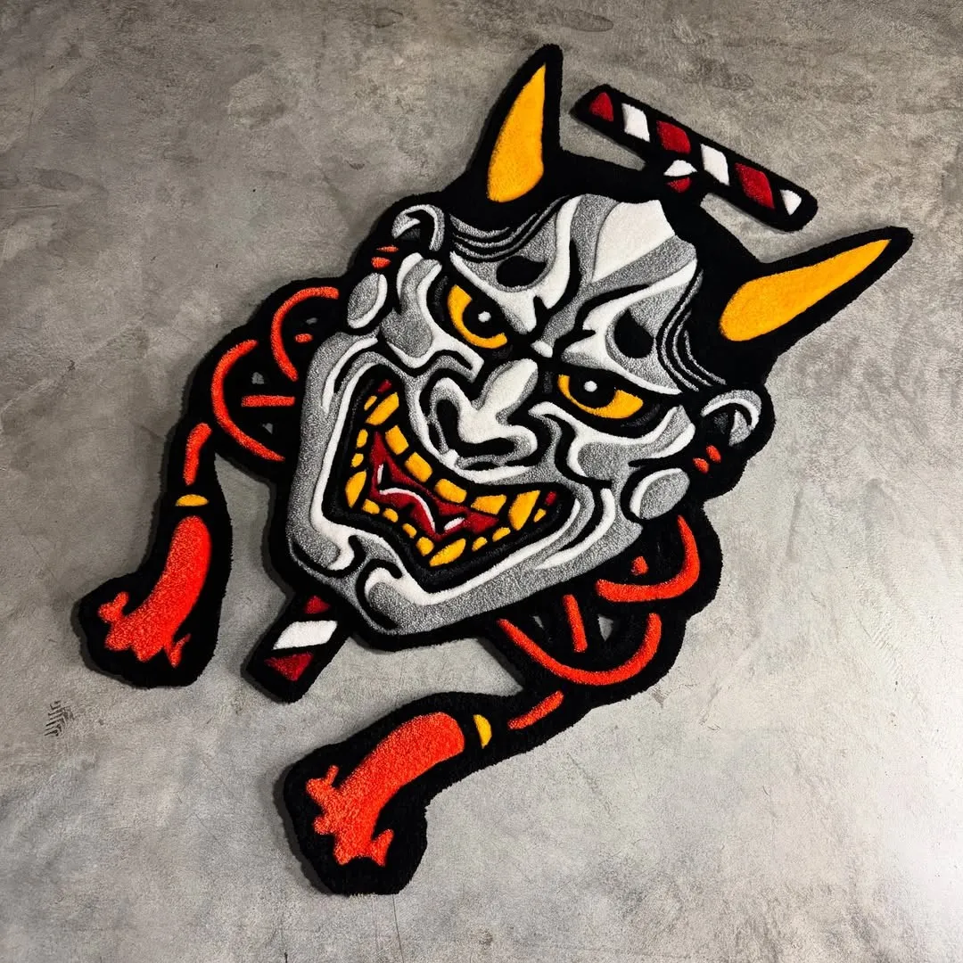 Inferno Oni Tattoo Rug Handmade Inferno Oni rug inspired by Japanese mask art with bold red and yellow tones