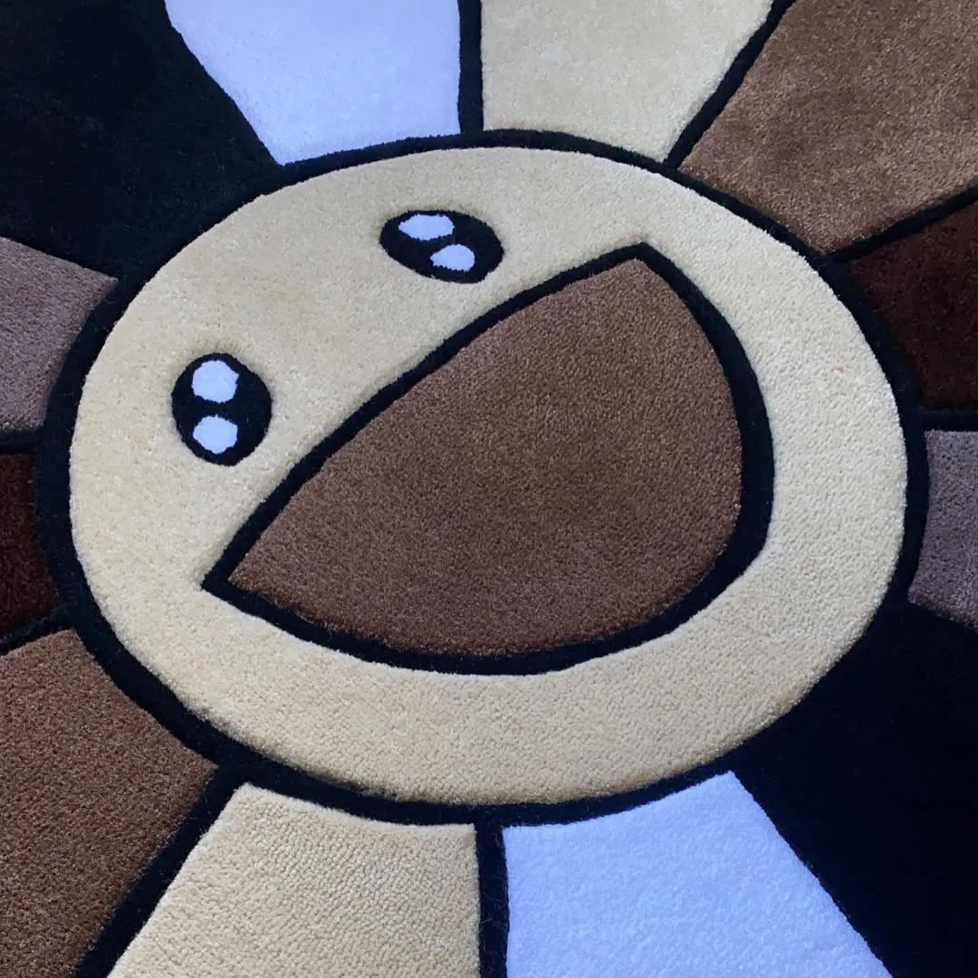 Mocha Takashi Rug Handmade Mocha Muse Rug with gradient brown petals and smiling face design, perfect for living rooms and creative spaces.