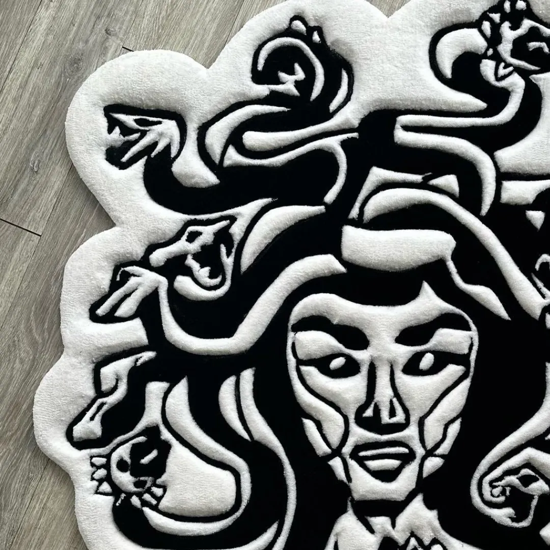 Mythic Gaze Inked Rug Monochrome Medusa head rug with snake details – Mythic Gaze Inked Rug by Sneagear