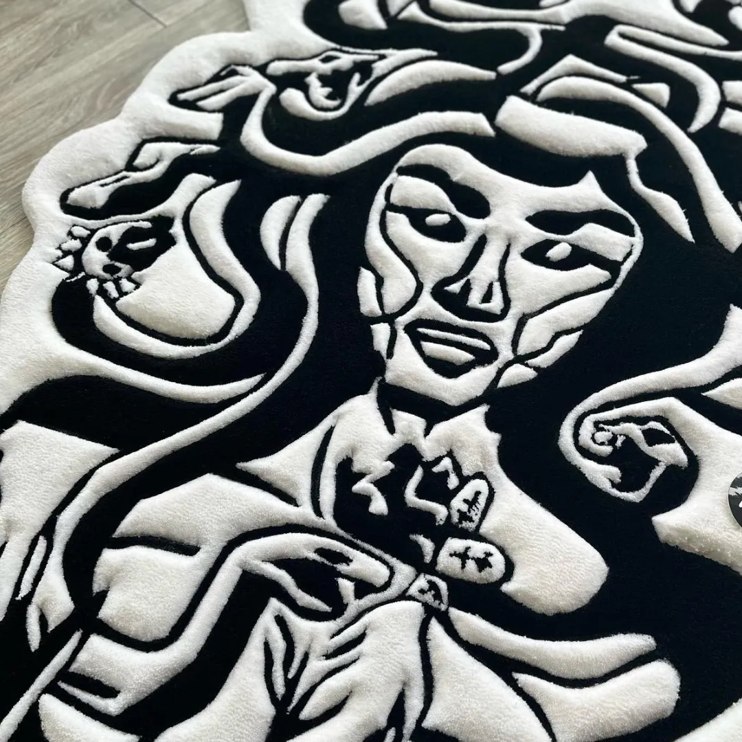 Mythic Gaze Tattoo Rug Handmade Mythic Gaze Rug with bold serpent-haired goddess pattern in monochrome tones