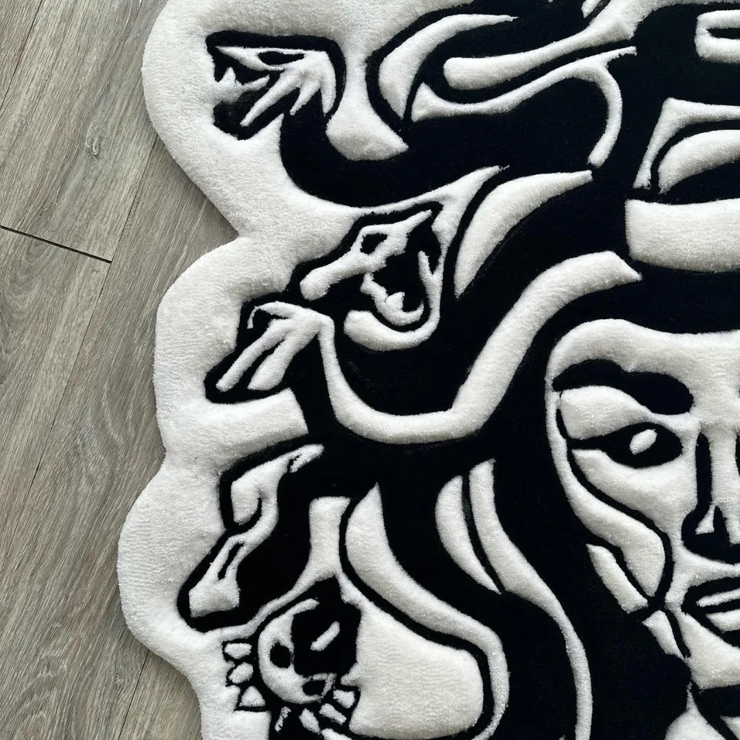 Mythic Inked Rug Mythic Gaze Inked Rug – black and white Medusa face tufted design for artistic interiors
