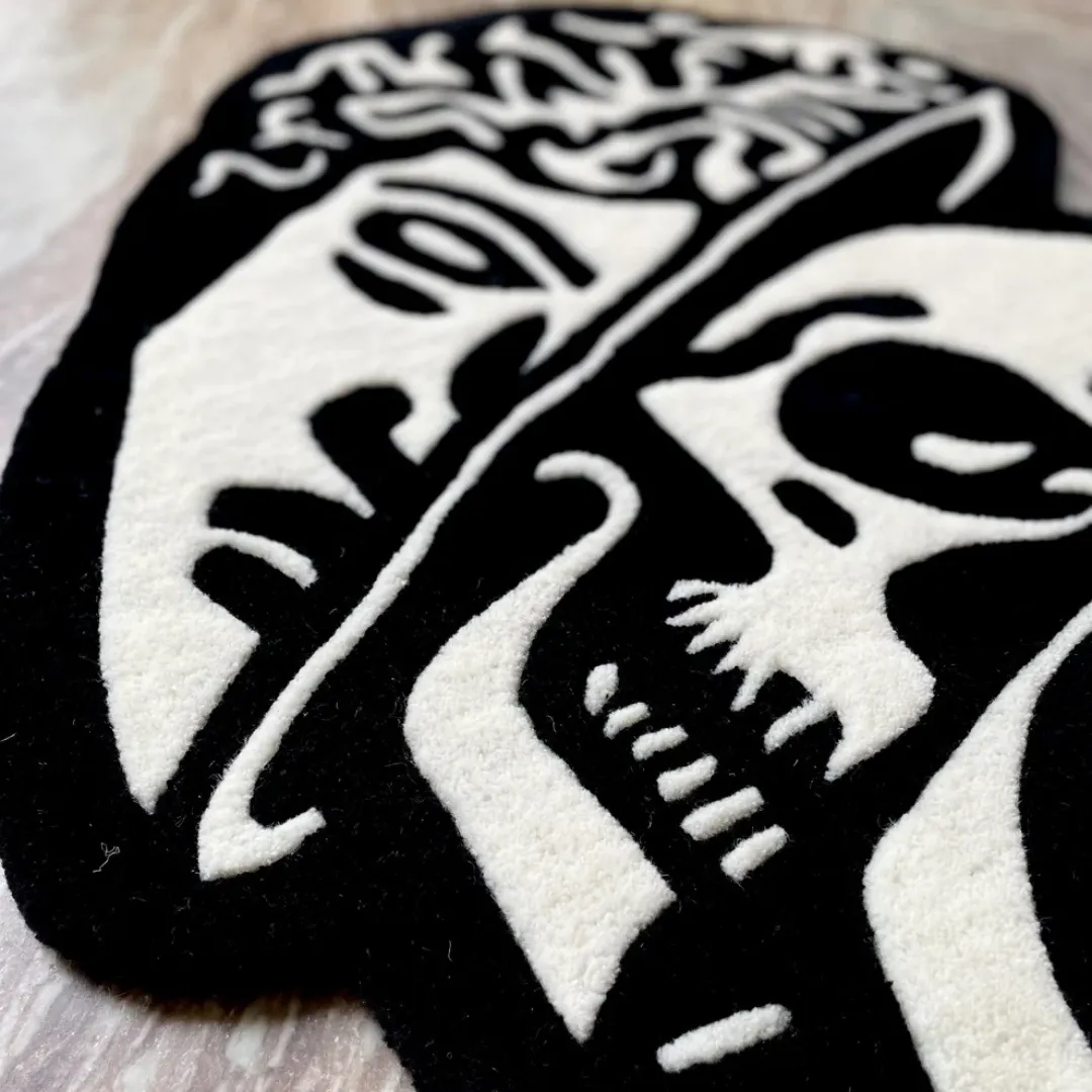 Reaper Rug Handmade gothic rug with twin skulls and smiley centerpiece – Twin Reaper designer rug by Sneagear