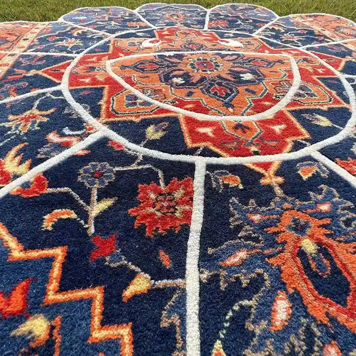 Regal Murakami Rug Close-up of the Regal Bloom Rug’s plush wool fibers, highlighting its hand-tufted finish and timeless Persian-inspired details.