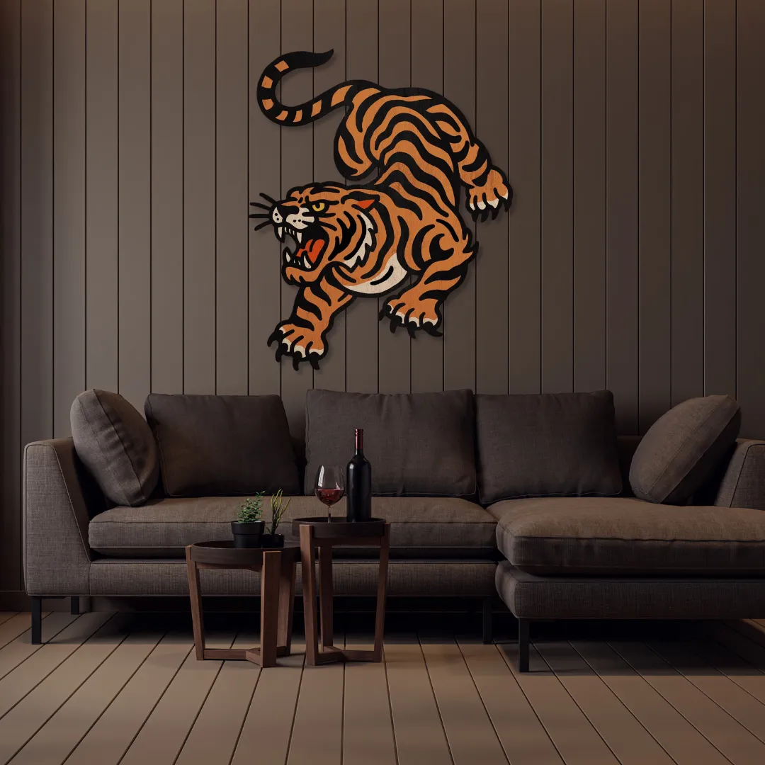 Roaring Tiger Art Sneagear Roaring Tiger metal wall art – handcrafted animal-inspired design for contemporary interiors.