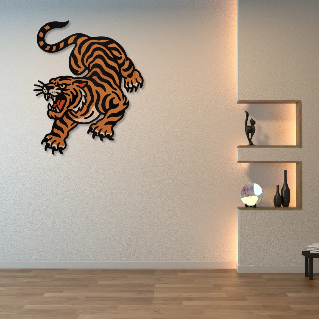 Roaring Tiger Metal Art Dynamic roaring tiger wall art adding wild artistic energy to minimalist living room decor.