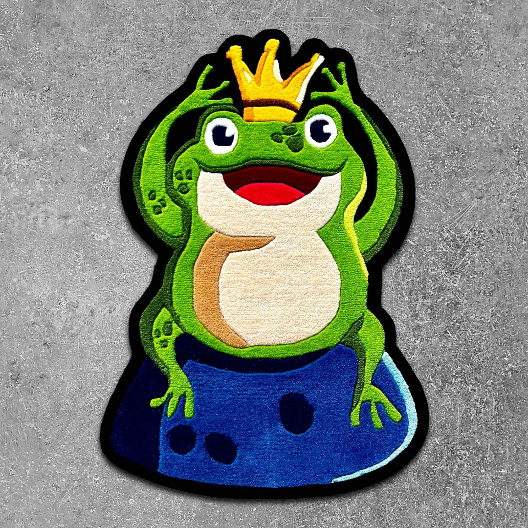 Royal Hopper Rug Royal Hopper Rug featuring a playful green frog with a golden crown – handmade tufted rug by Sneagear